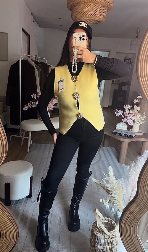 Cardigan à Boutons Dorés Jaune