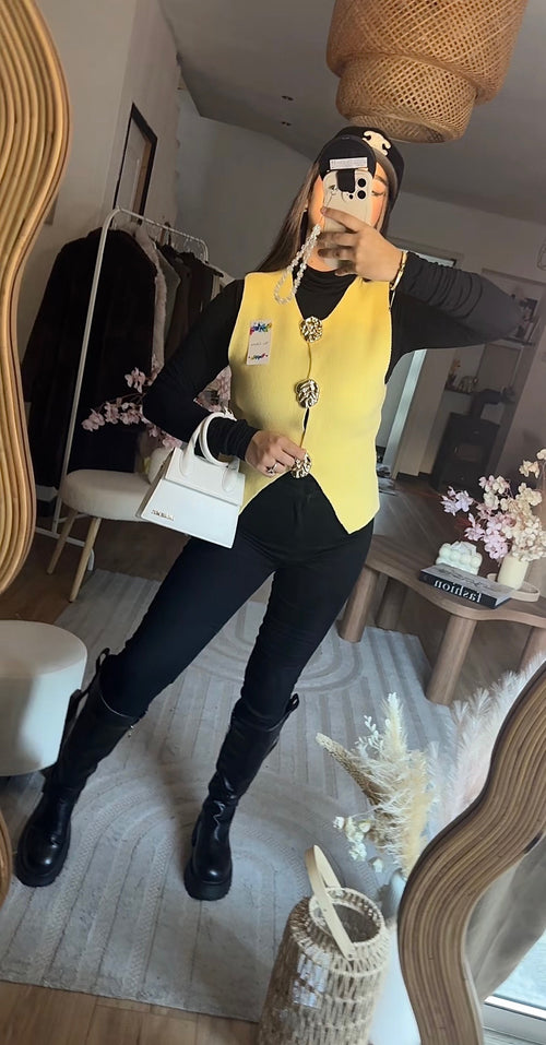 Cardigan à Boutons Dorés Jaune